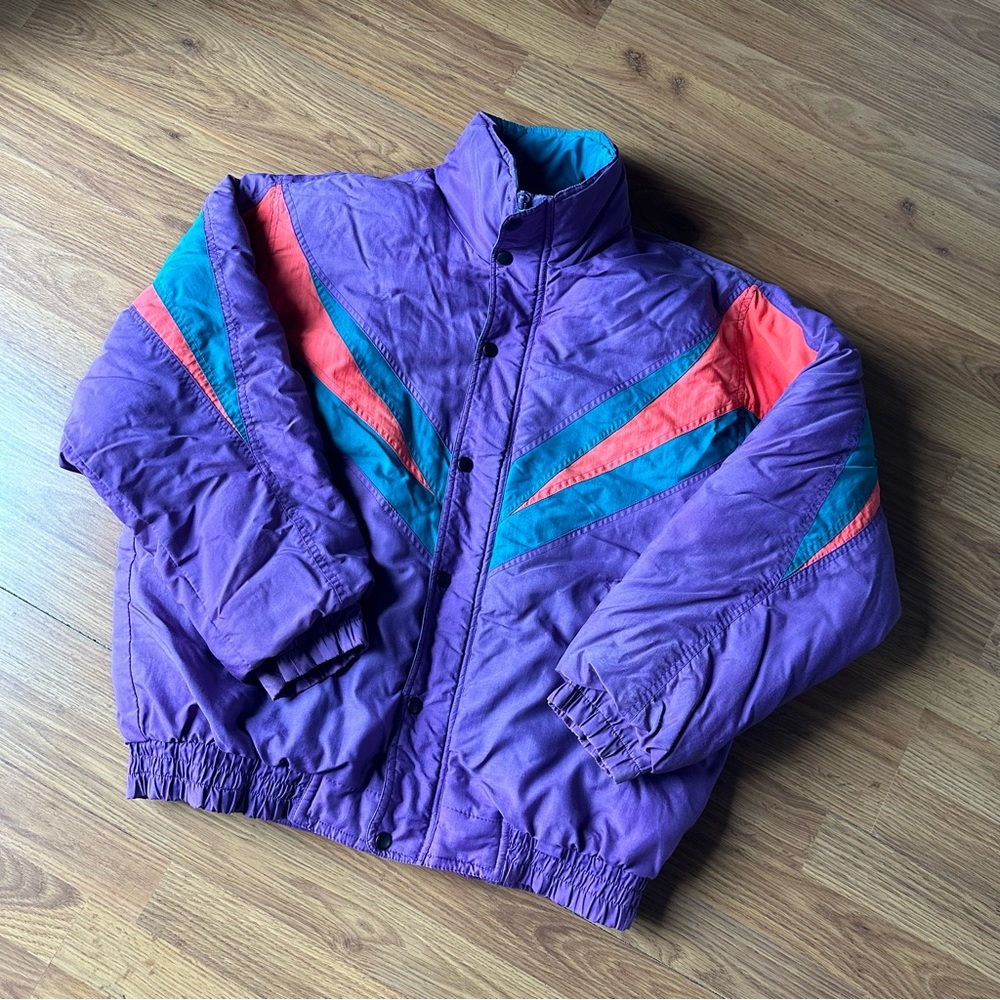 Women’s‎ Large Purple Teal Coral Vintage Britannia 1980’s Puffer Coat Jacket Ski